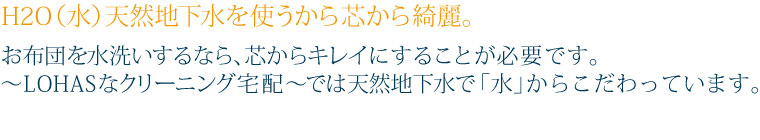H2O（水）　天然地下水を使うから芯から綺麗。お布団を水洗いするなら、芯からキレイにすることが必要です。～LOHASなクリーニング宅配～では天然地下水で「水」からこだわっています。